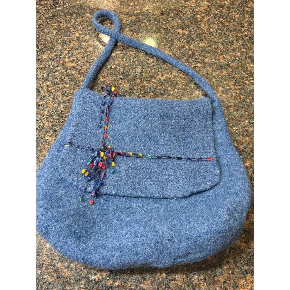 Handmade Blue Felt Shoulder Purse with Multicolored Ribbon Accents - Picture 1 of 10
